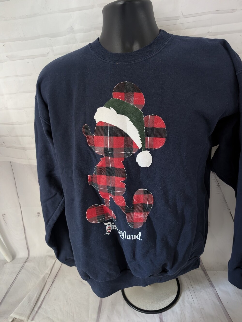 Disney Hanes Navy Plaid Mickey Holiday Crewneck Sweatshirt